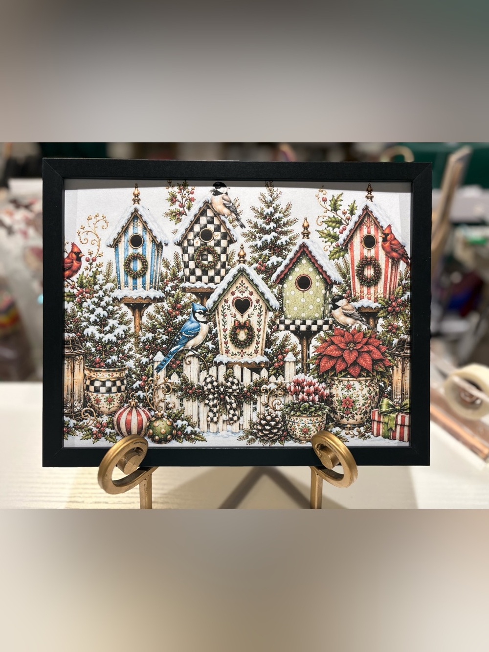 Iconic Checkered Winter Birdhouse Art Print Framed 8x10 Decor